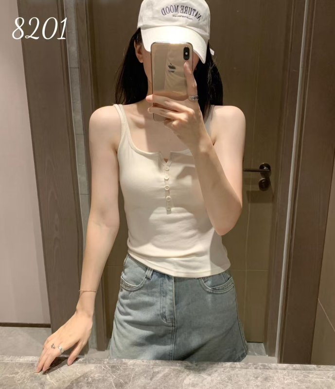 Rayon camisole top – brusirana tkanina, uski kroj, gumb dizajn, dvostruke naramenice, duljina do pasa, jesen-zima 2025