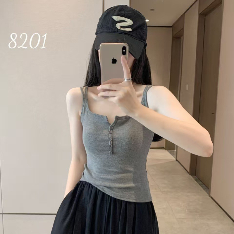 Rayon camisole top – brusirana tkanina, uski kroj, gumb dizajn, dvostruke naramenice, duljina do pasa, jesen-zima 2025