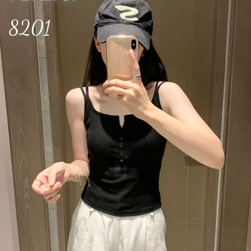 Rayon camisole top – brusirana tkanina, uski kroj, gumb dizajn, dvostruke naramenice, duljina do pasa, jesen-zima 2025