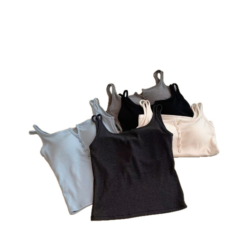 Rayon camisole top – brusirana tkanina, uski kroj, gumb dizajn, dvostruke naramenice, duljina do pasa, jesen-zima 2025