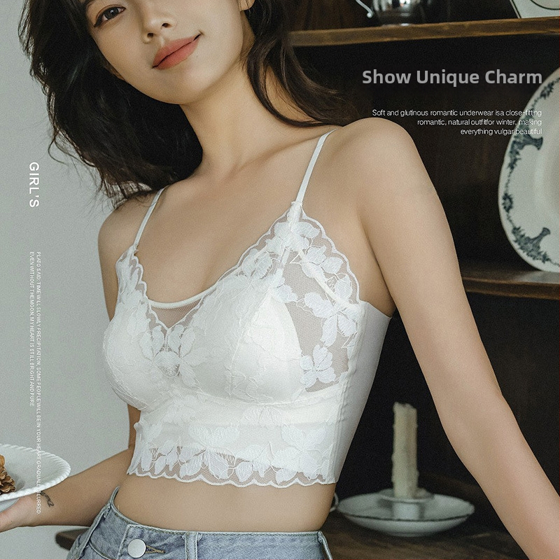 Mežģīņu bezvadu krūšturis ar 3/4 kausiem, plāns veidojošs kauss, noņemamās dubultās lencītes, vestes stils