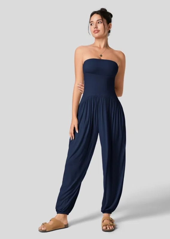 Γυναικείος αμάνικος ολόσωμος jumpsuit με ψηλή μέση, τσέπες και πιέτες