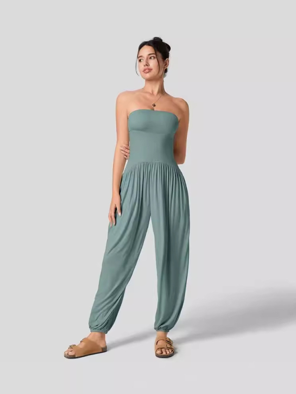 Γυναικείος αμάνικος ολόσωμος jumpsuit με ψηλή μέση, τσέπες και πιέτες