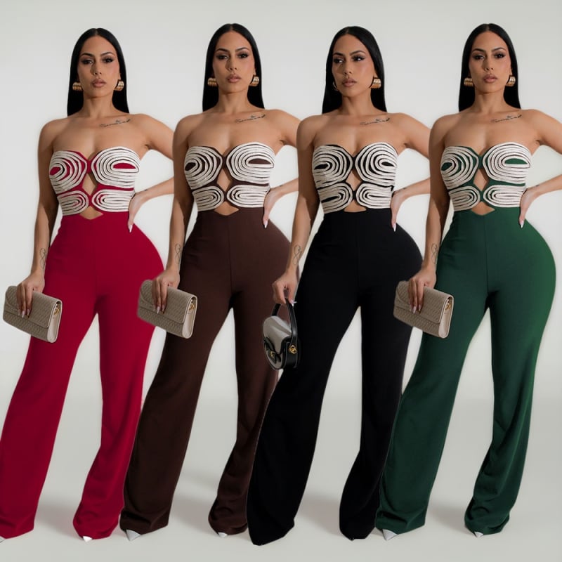 Ολόσωμο παντελόνι με σχέδιο strapless-backless, χειροποίητοι υφασμάτινοι ιμάντες, χωρίς μανίκια, ύφασμα πολυεστέρα