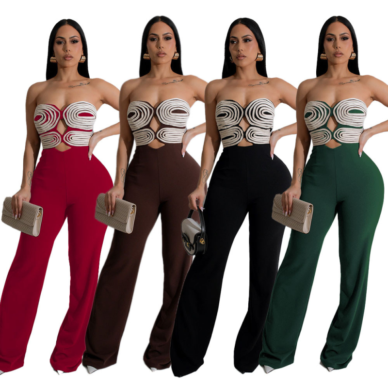 Ολόσωμο παντελόνι με σχέδιο strapless-backless, χειροποίητοι υφασμάτινοι ιμάντες, χωρίς μανίκια, ύφασμα πολυεστέρα