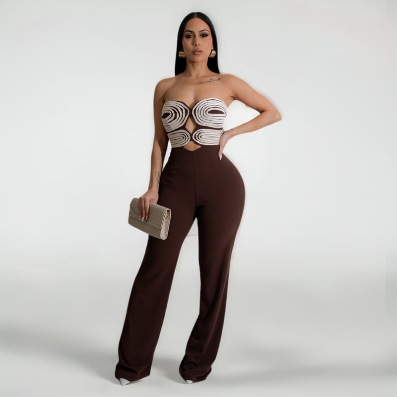 Ολόσωμο παντελόνι με σχέδιο strapless-backless, χειροποίητοι υφασμάτινοι ιμάντες, χωρίς μανίκια, ύφασμα πολυεστέρα