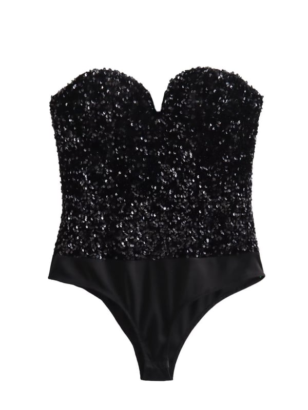 Пайетен гащеризон без презрамки, полиестер, без ръкави, средна талия, тесни крачоли