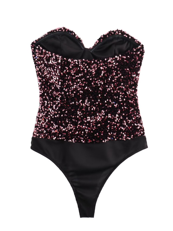 Пайетен гащеризон без презрамки, полиестер, без ръкави, средна талия, тесни крачоли