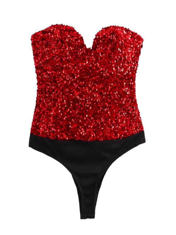 Пайетен гащеризон без презрамки, полиестер, без ръкави, средна талия, тесни крачоли