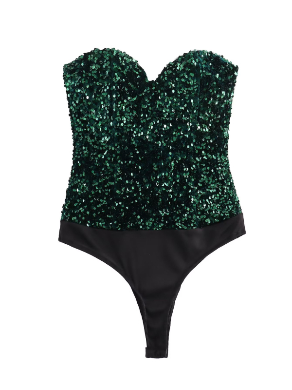 Пайетен гащеризон без презрамки, полиестер, без ръкави, средна талия, тесни крачоли