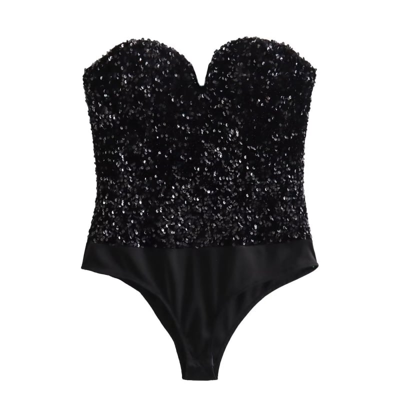 Пайетен гащеризон без презрамки, полиестер, без ръкави, средна талия, тесни крачоли