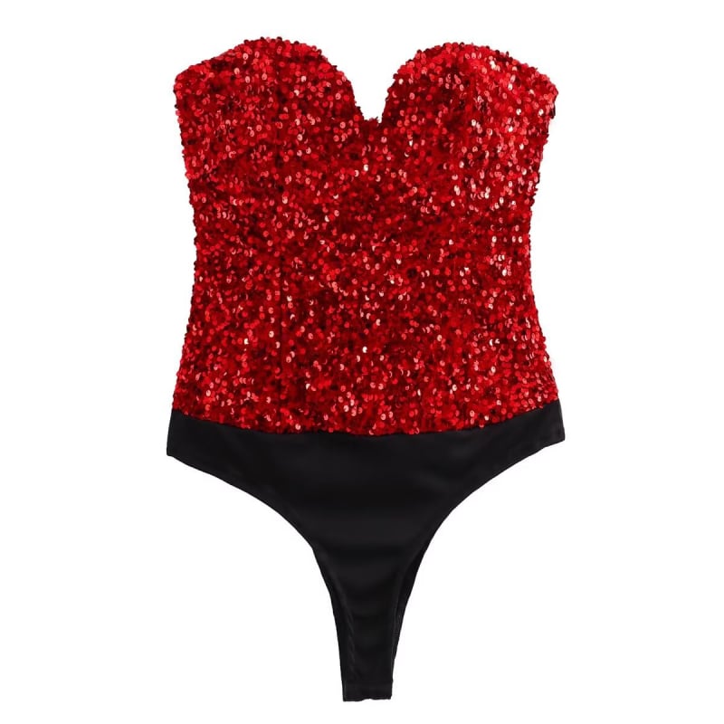 Пайетен гащеризон без презрамки, полиестер, без ръкави, средна талия, тесни крачоли