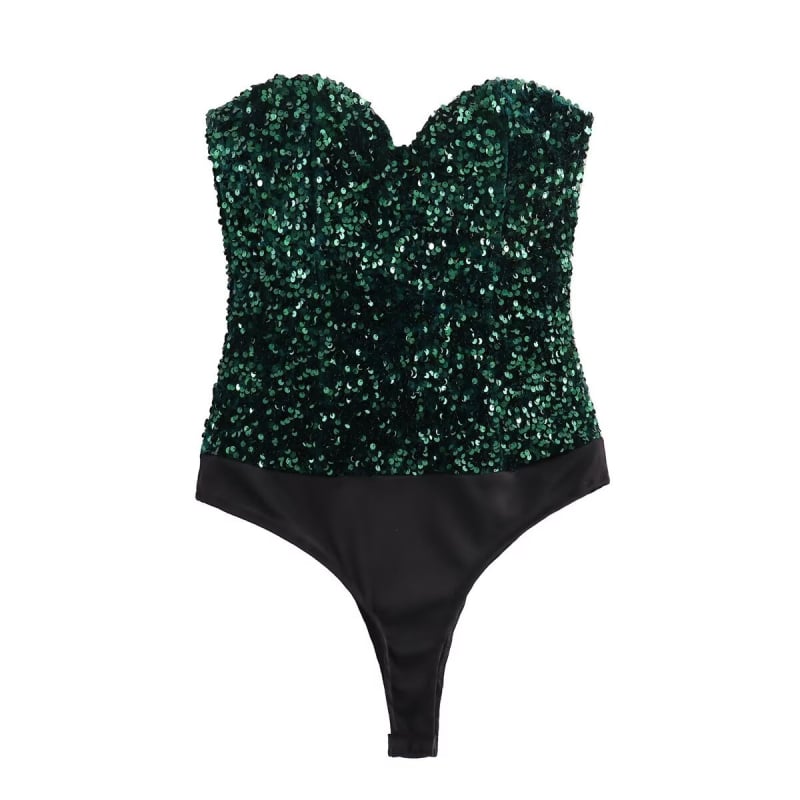 Пайетен гащеризон без презрамки, полиестер, без ръкави, средна талия, тесни крачоли