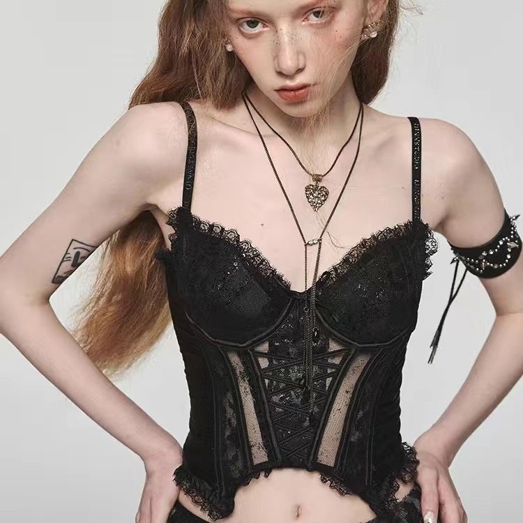 Concubine seksi top bez rukava s križnim remenčićima, grudnjak s kostima i satenskim remenčićima, uski kroj, model 363
