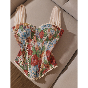 Bustier prsluk u stilu veste s cvjetnim jacquardom, smjesa poliester-spandeks, uski kroj, kratka duljina do 40 cm, izdanje proljeće-ljeto 2025