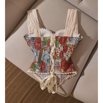 Bustier prsluk u stilu veste s cvjetnim jacquardom, smjesa poliester-spandeks, uski kroj, kratka duljina do 40 cm, izdanje proljeće-ljeto 2025