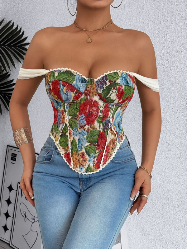 Bustier prsluk u stilu veste s cvjetnim jacquardom, smjesa poliester-spandeks, uski kroj, kratka duljina do 40 cm, izdanje proljeće-ljeto 2025