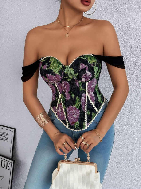 Bustier prsluk u stilu veste s cvjetnim jacquardom, smjesa poliester-spandeks, uski kroj, kratka duljina do 40 cm, izdanje proljeće-ljeto 2025