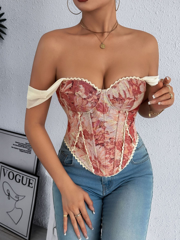Bustier prsluk u stilu veste s cvjetnim jacquardom, smjesa poliester-spandeks, uski kroj, kratka duljina do 40 cm, izdanje proljeće-ljeto 2025