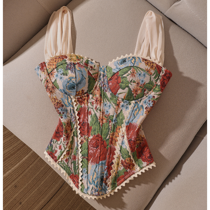 Bustier prsluk u stilu veste s cvjetnim jacquardom, smjesa poliester-spandeks, uski kroj, kratka duljina do 40 cm, izdanje proljeće-ljeto 2025