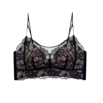 Ziedu mežģīņu triādas formas krūšturis, ultra plāni veidoti kausi, neilona audums, poliesteris pildījums, fiksēti kokvilnas plecu sargi