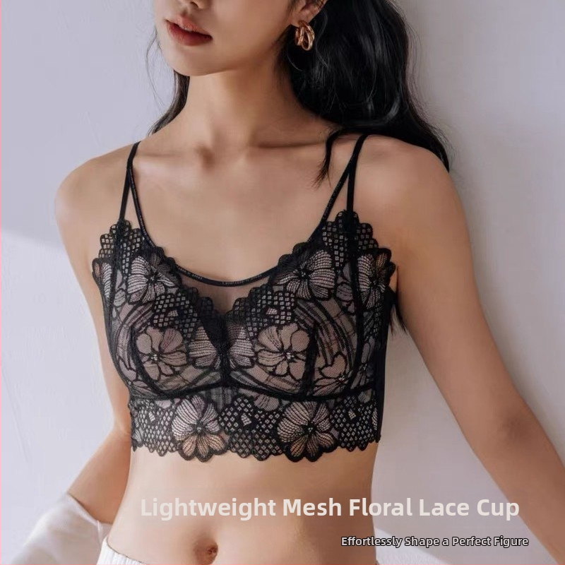 Ziedu mežģīņu triādas formas krūšturis, ultra plāni veidoti kausi, neilona audums, poliesteris pildījums, fiksēti kokvilnas plecu sargi