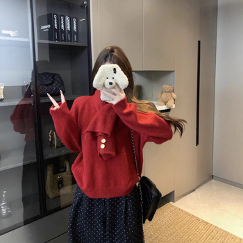 Koreai stílusú kerek nyakú gyapjú kötött pulóver, laza szabás, hosszú ujjú, egyszínű mintázat.