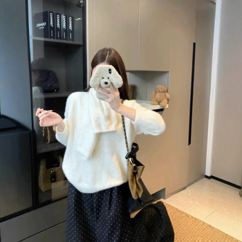 Koreai stílusú kerek nyakú gyapjú kötött pulóver, laza szabás, hosszú ujjú, egyszínű mintázat.