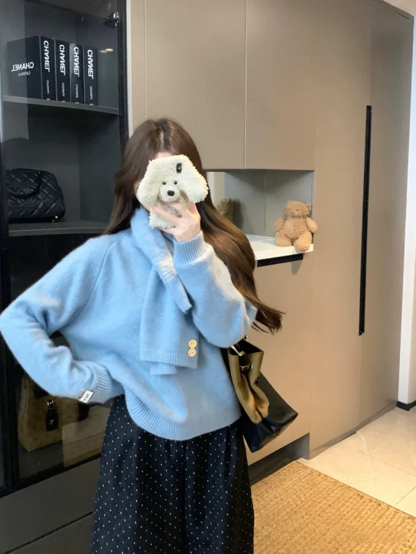 Koreai stílusú kerek nyakú gyapjú kötött pulóver, laza szabás, hosszú ujjú, egyszínű mintázat.