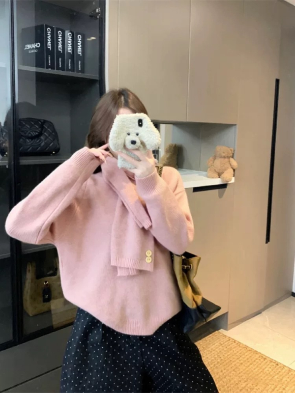 Koreai stílusú kerek nyakú gyapjú kötött pulóver, laza szabás, hosszú ujjú, egyszínű mintázat.