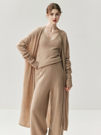 Kasmír hosszú kardigán, gallér nélküli, laza szabású, hosszú ujjú, japán-koreai casual stílus, tél 2025