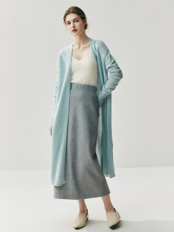 Kasmír hosszú kardigán, gallér nélküli, laza szabású, hosszú ujjú, japán-koreai casual stílus, tél 2025