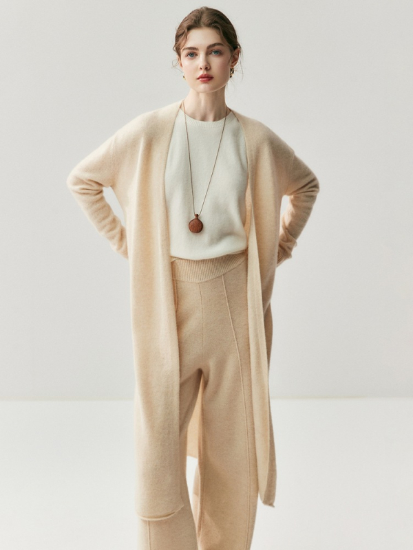 Kasmír hosszú kardigán, gallér nélküli, laza szabású, hosszú ujjú, japán-koreai casual stílus, tél 2025