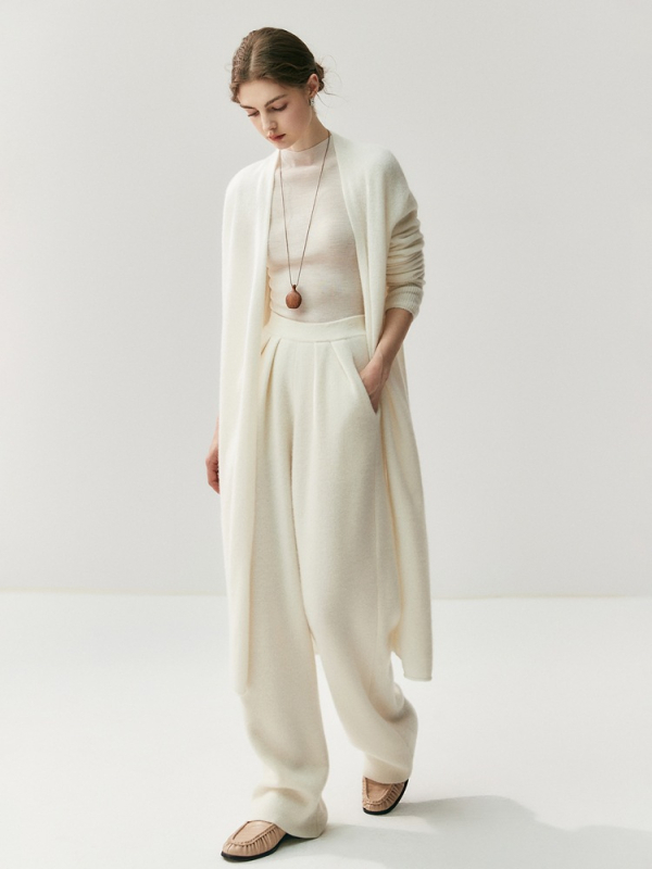 Kasmír hosszú kardigán, gallér nélküli, laza szabású, hosszú ujjú, japán-koreai casual stílus, tél 2025