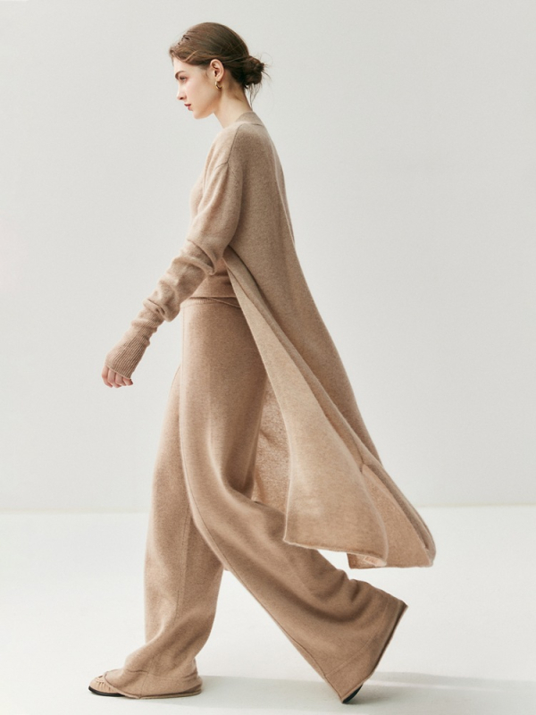 Kasmír hosszú kardigán, gallér nélküli, laza szabású, hosszú ujjú, japán-koreai casual stílus, tél 2025