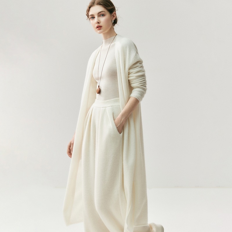 Kasmír hosszú kardigán, gallér nélküli, laza szabású, hosszú ujjú, japán-koreai casual stílus, tél 2025