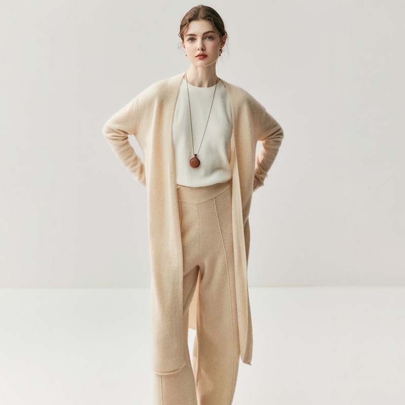Kasmír hosszú kardigán, gallér nélküli, laza szabású, hosszú ujjú, japán-koreai casual stílus, tél 2025