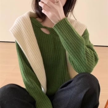 Pulover de lână pentru femei, croială slim, guler rotund, mâneci lungi, 95% lână