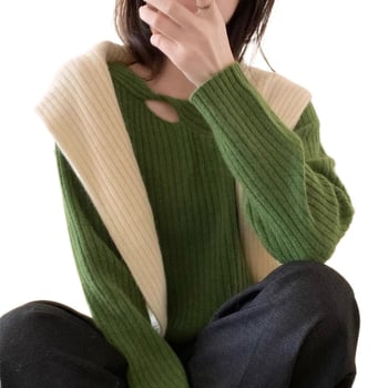 Pulover de lână pentru femei, croială slim, guler rotund, mâneci lungi, 95% lână