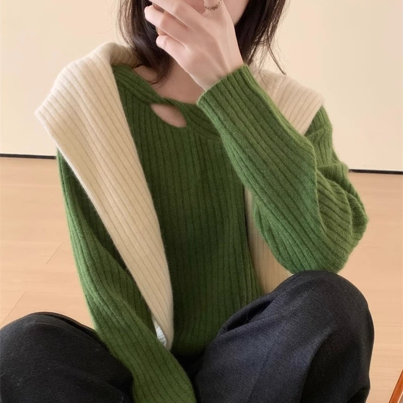 Pulover de lână pentru femei, croială slim, guler rotund, mâneci lungi, 95% lână