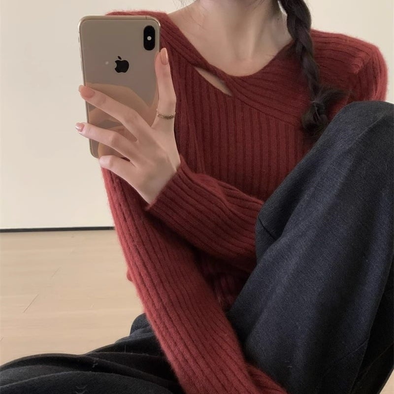 Pulover de lână pentru femei, croială slim, guler rotund, mâneci lungi, 95% lână