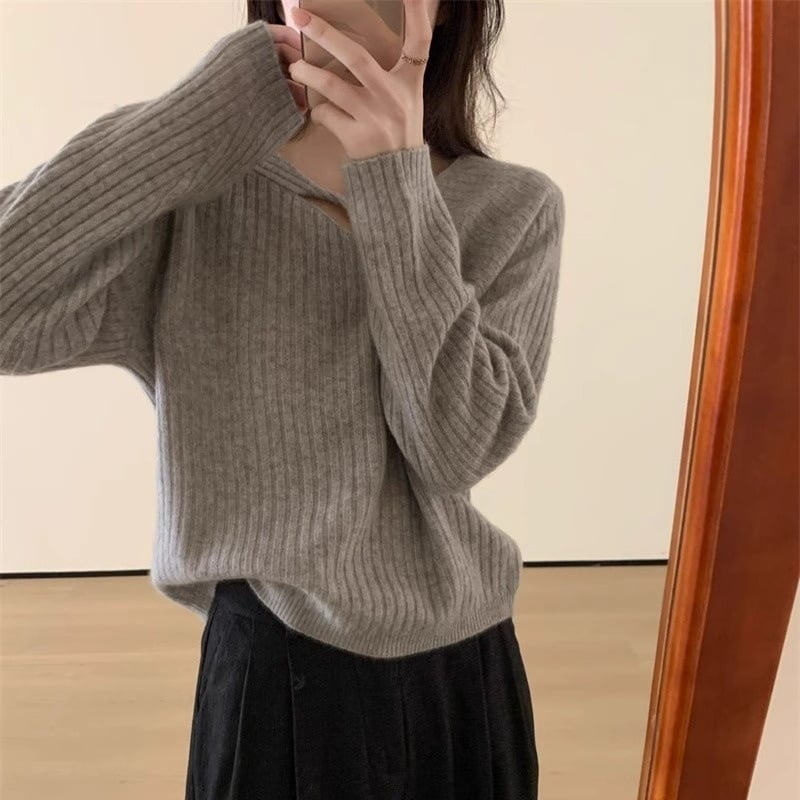 Pulover de lână pentru femei, croială slim, guler rotund, mâneci lungi, 95% lână