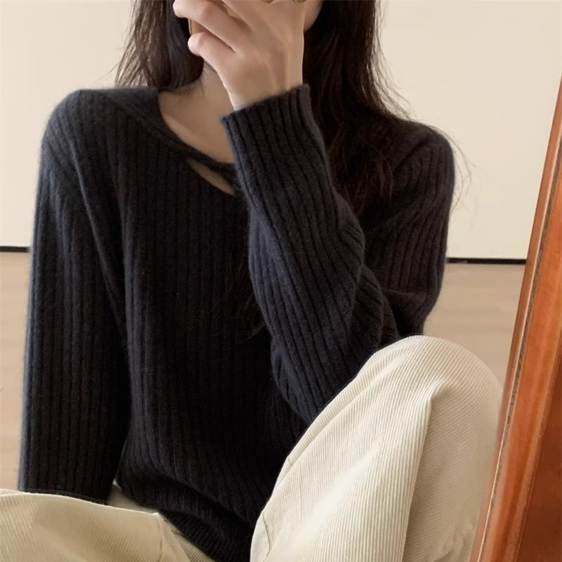 Pulover de lână pentru femei, croială slim, guler rotund, mâneci lungi, 95% lână