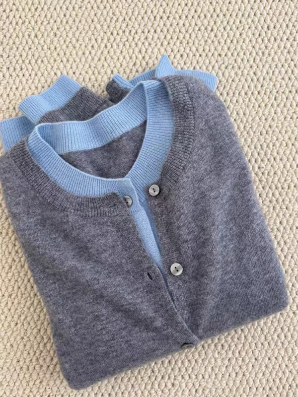 Ženski kardigan od australske vune, okrugli ovratnik, lažni dvodijelni izgled, blok boja, korejski stil