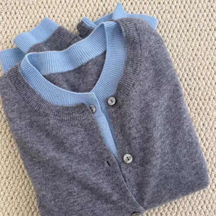 Ženski kardigan od australske vune, okrugli ovratnik, lažni dvodijelni izgled, blok boja, korejski stil