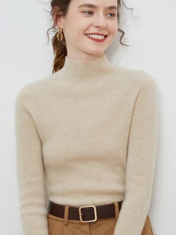 Ženski pulover od 100% čiste vune, polu-visoki ovratnik, uski kroj, dugi rukavi