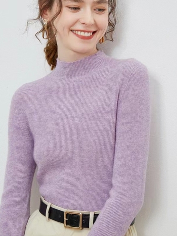 Ženski pulover od 100% čiste vune, polu-visoki ovratnik, uski kroj, dugi rukavi