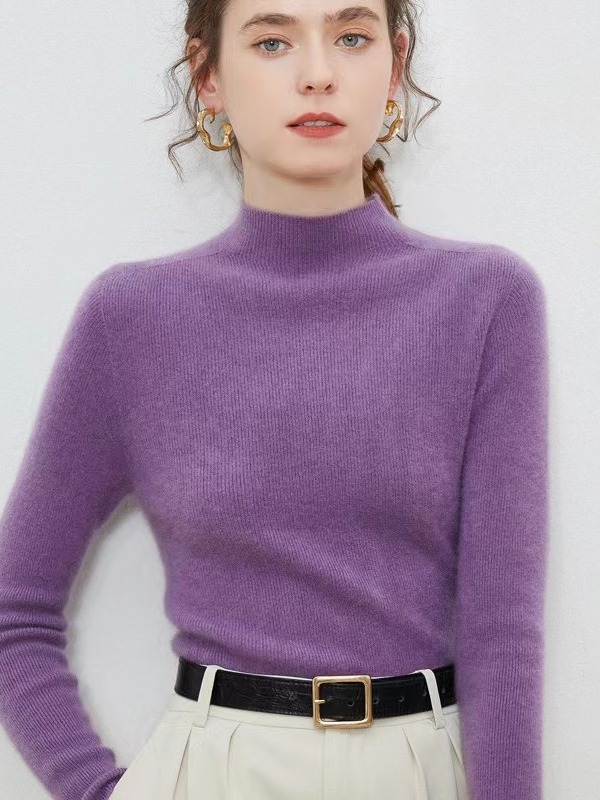 Ženski pulover od 100% čiste vune, polu-visoki ovratnik, uski kroj, dugi rukavi