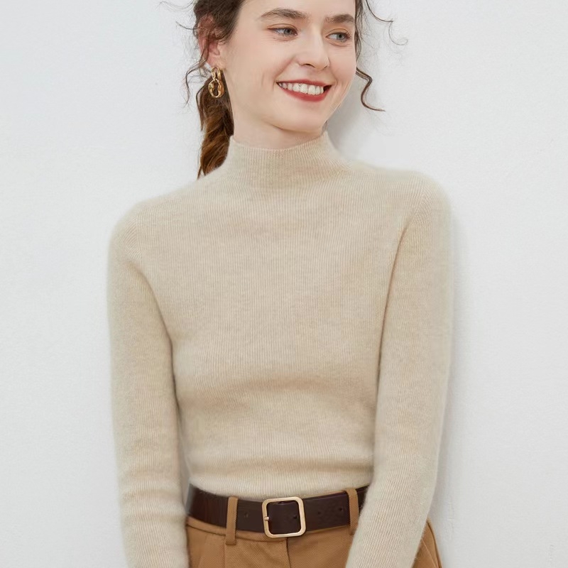 Ženski pulover od 100% čiste vune, polu-visoki ovratnik, uski kroj, dugi rukavi