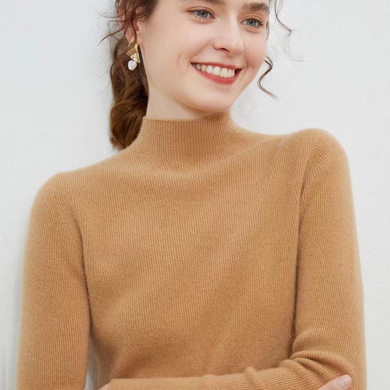 Ženski pulover od 100% čiste vune, polu-visoki ovratnik, uski kroj, dugi rukavi